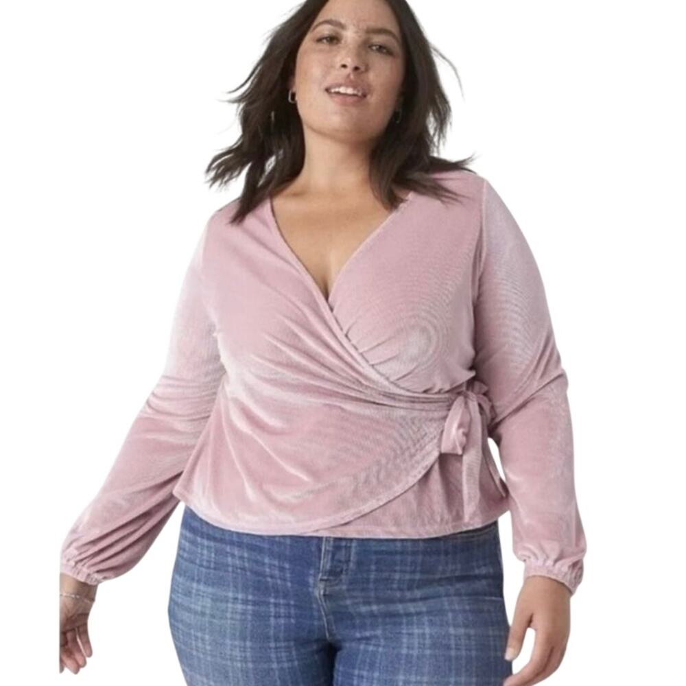 Lane Bryant Plus Blouson Sleeve Surplice Tie ribbed Velour Top 22/24 Pink shirt